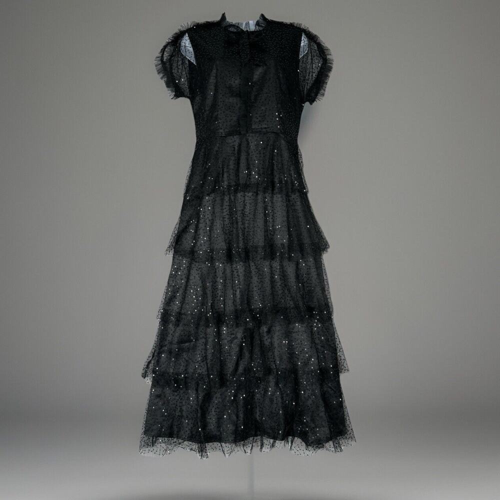 Amy Lynn Womens Dress L Black Mesh Overlay Midi Tea Tiered Sequin Whimsy Fairy